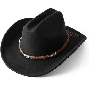 Women's Black Western Studded Leather Accent Band Classic Fedora Felt Cowboy Hat